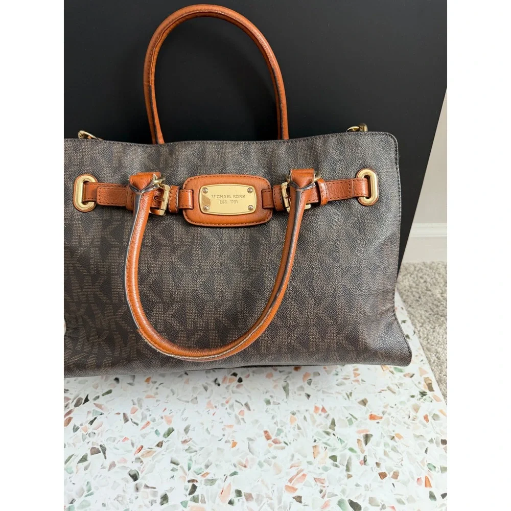 Michael Kors Hamilton Satchel Brown Logo PVC Leather Preppy Classic Tote Bag